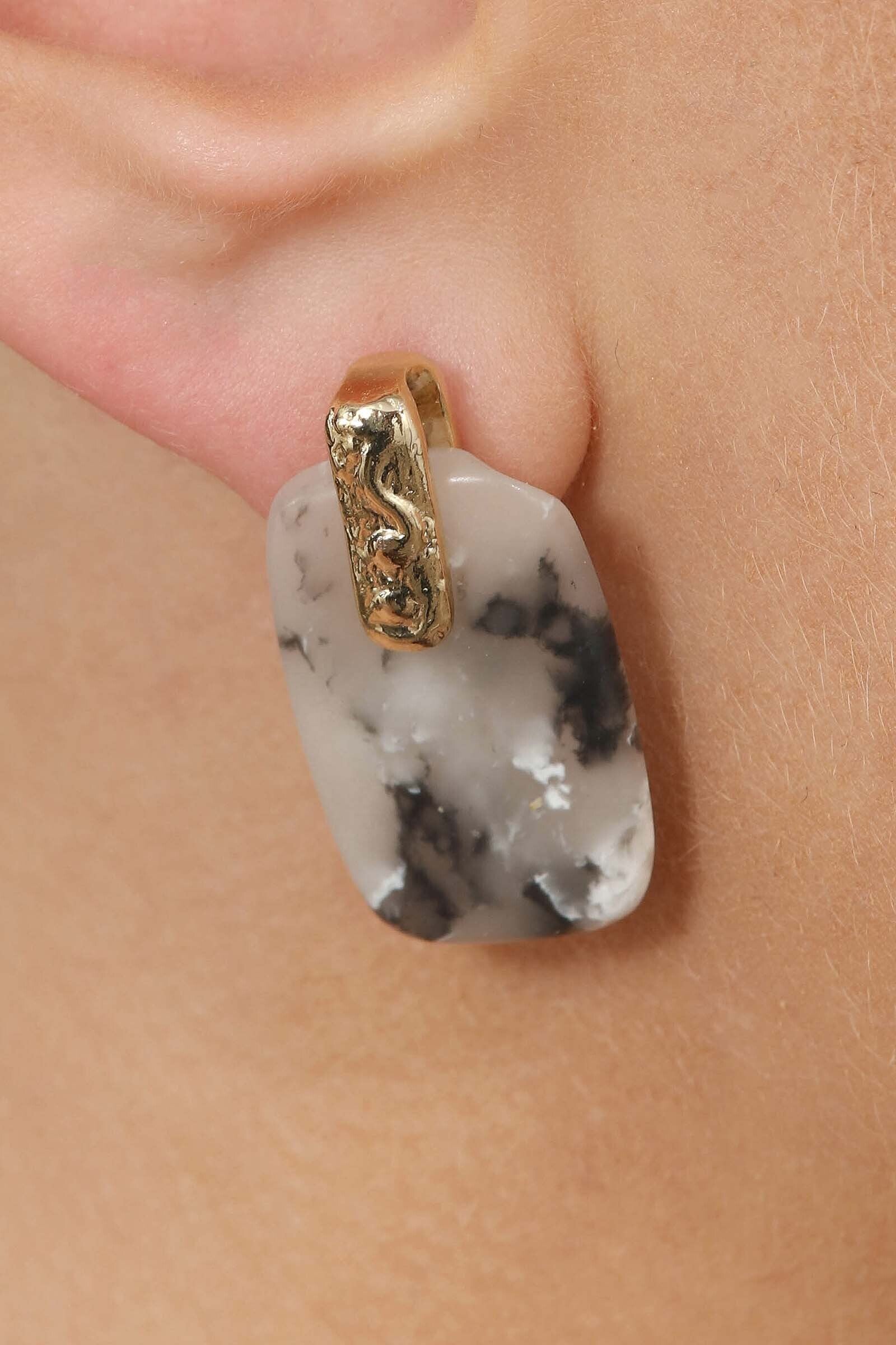 Ivory marble rectangle gold drop bar earrings