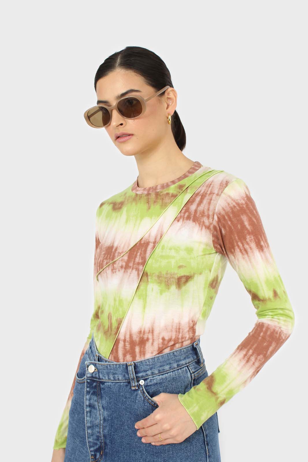 Green and brown tie dye cropped top