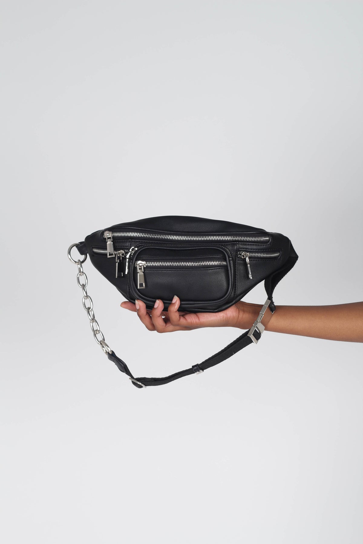 Black vegan leather silver zip bum bag