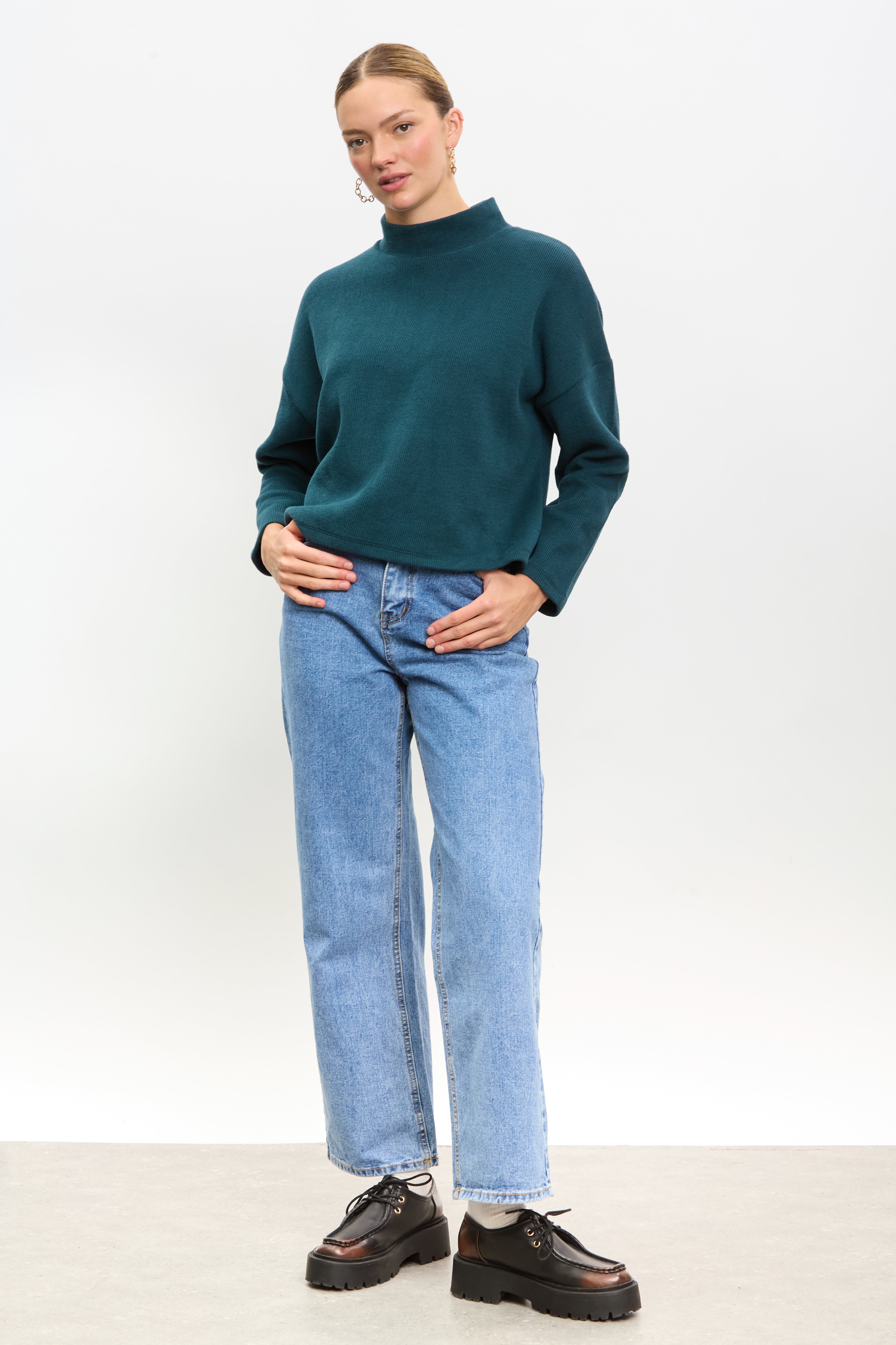 Teal micro ribbed mock neck top