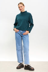 Teal micro ribbed mock neck top