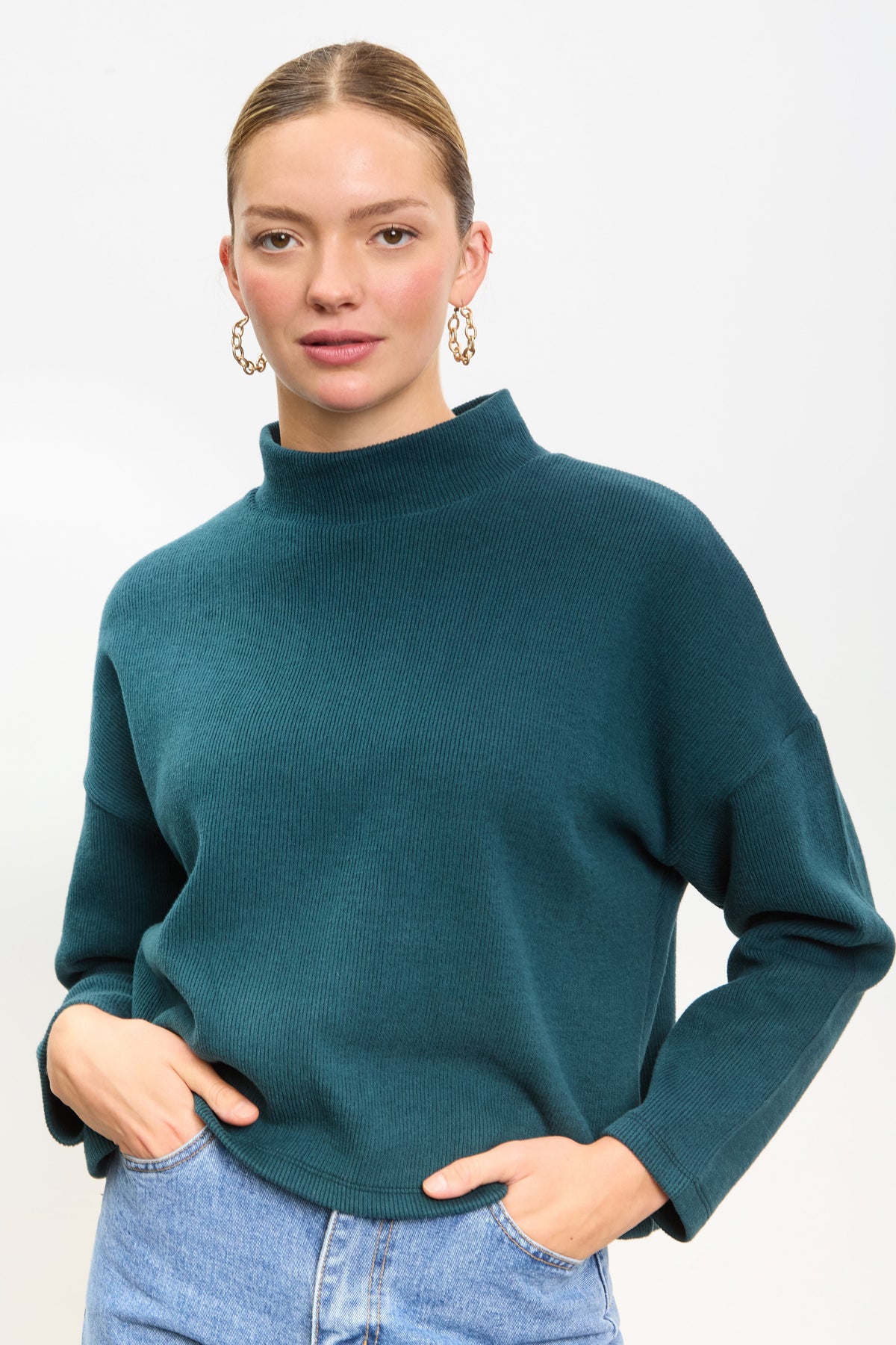 Teal micro ribbed mock neck top