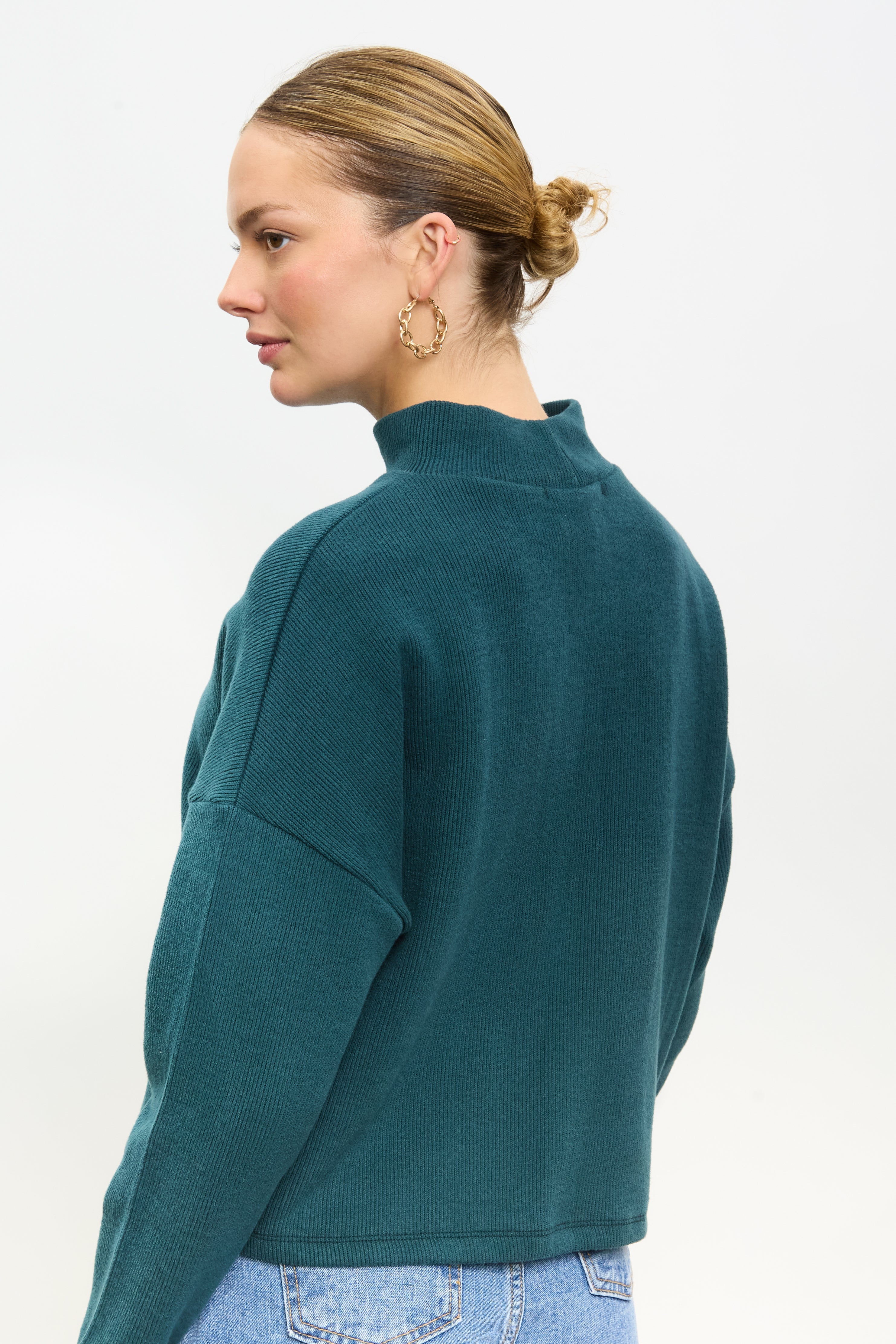 Teal micro ribbed mock neck top