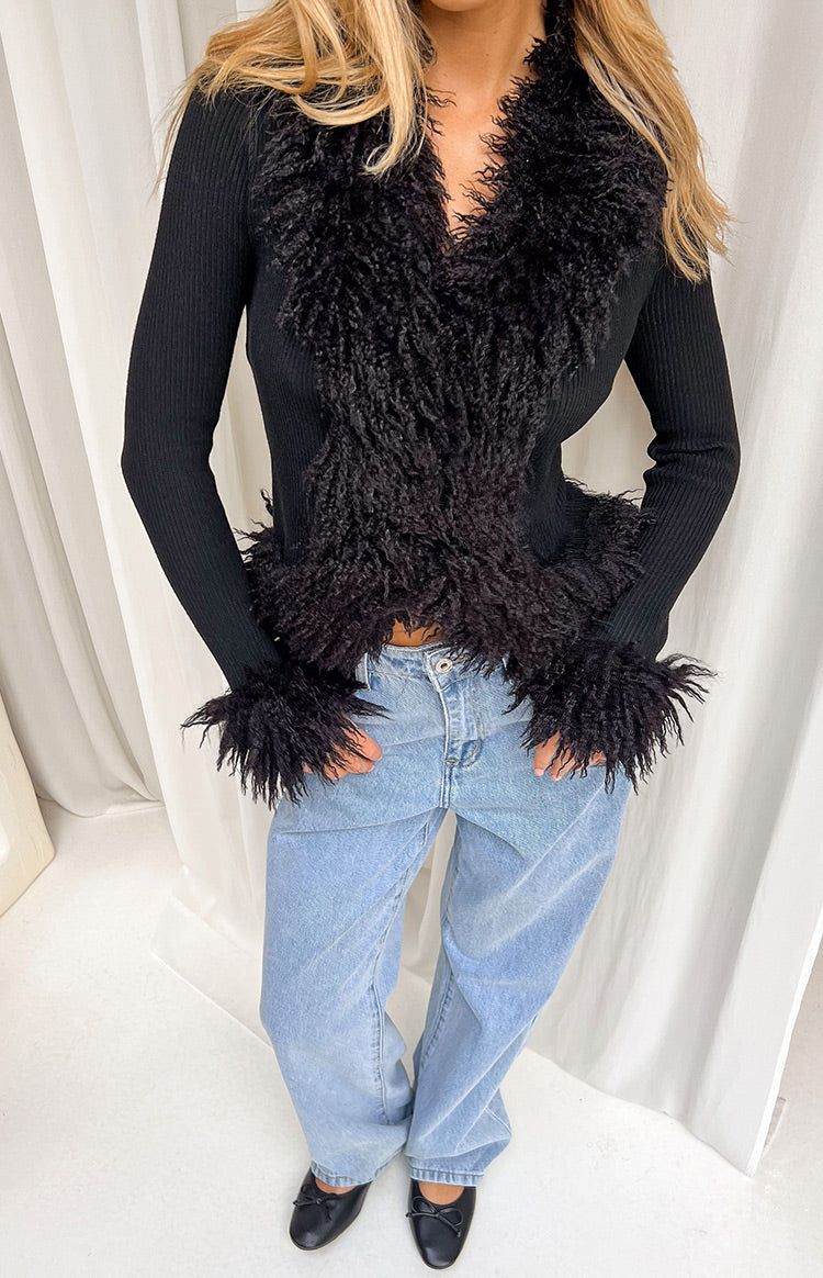 Violetta Black Fur Trim Knit Cardigan