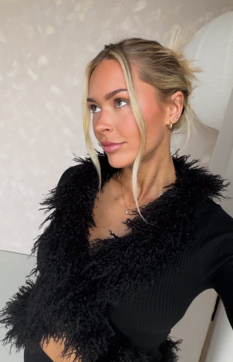 Violetta Black Fur Trim Knit Cardigan