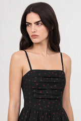 Washed black and red floral print ruched bodice dress