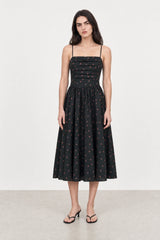 Washed black and red floral print ruched bodice dress
