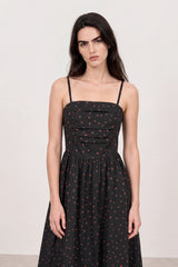 Washed black and red floral print ruched bodice dress