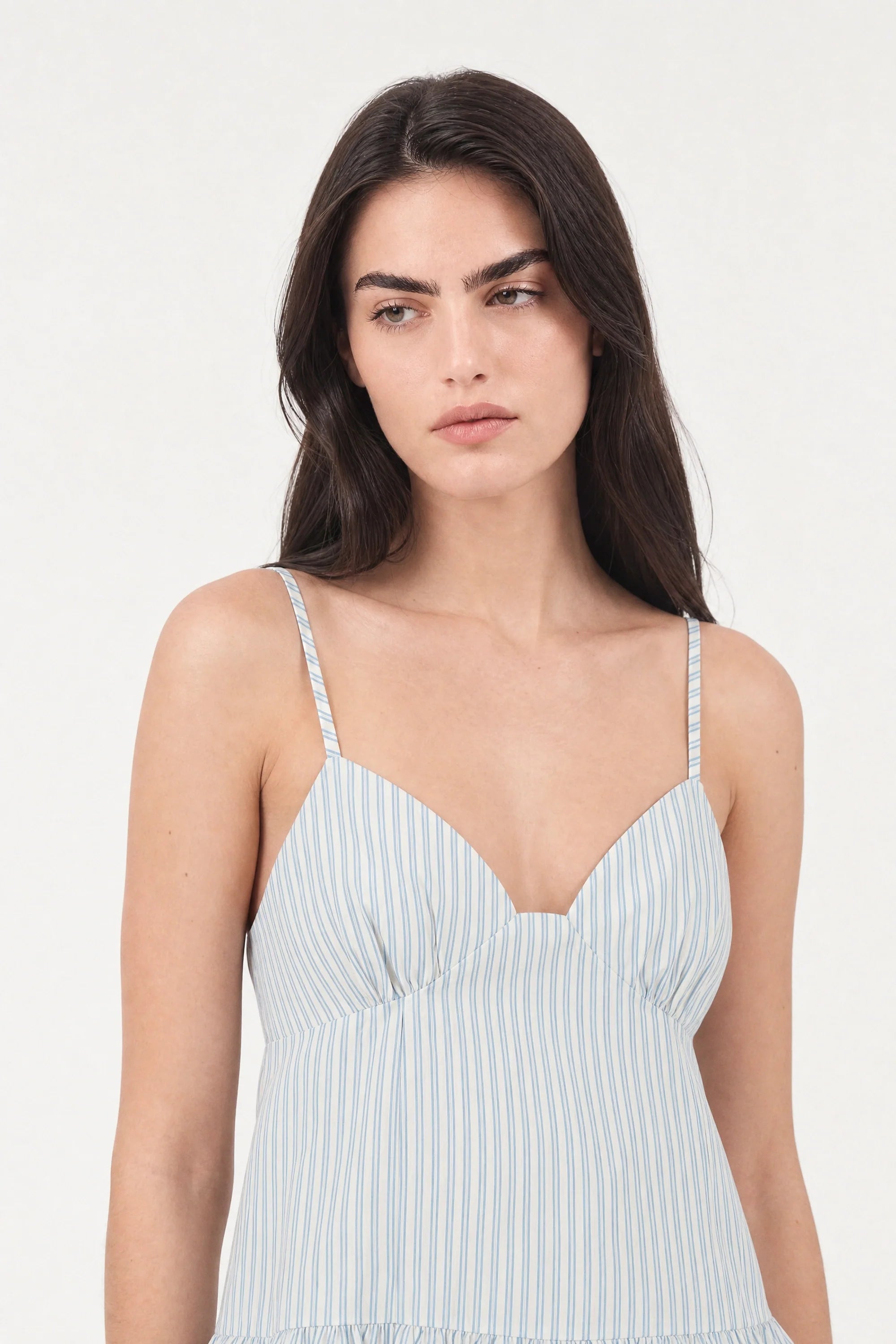 White and navy blue vertical striped strappy mini dress
