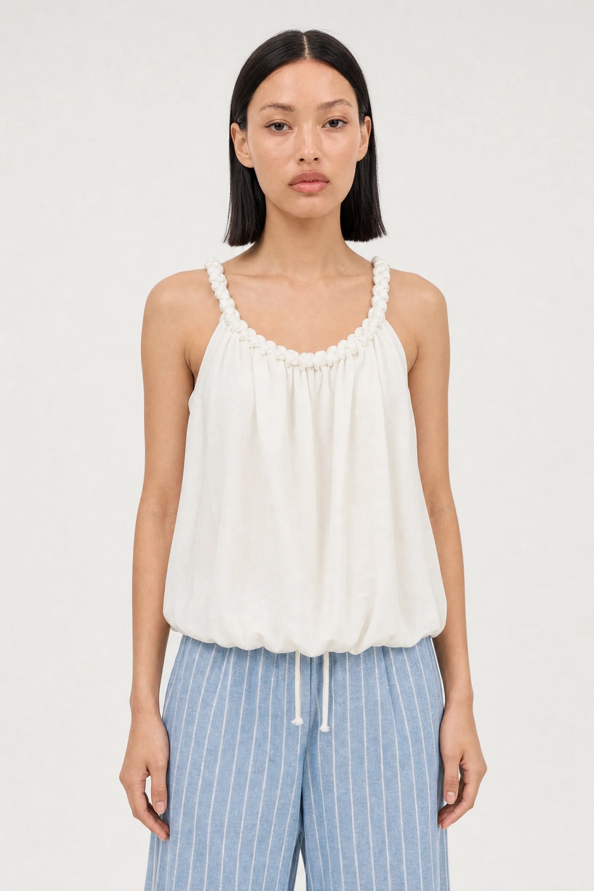 White braided strap blouson tank