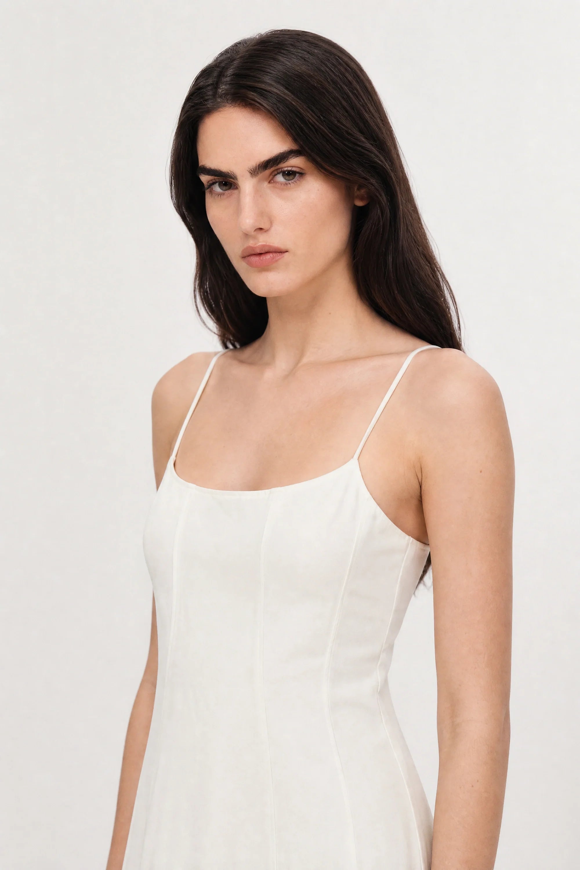 White denim peek back midi dress