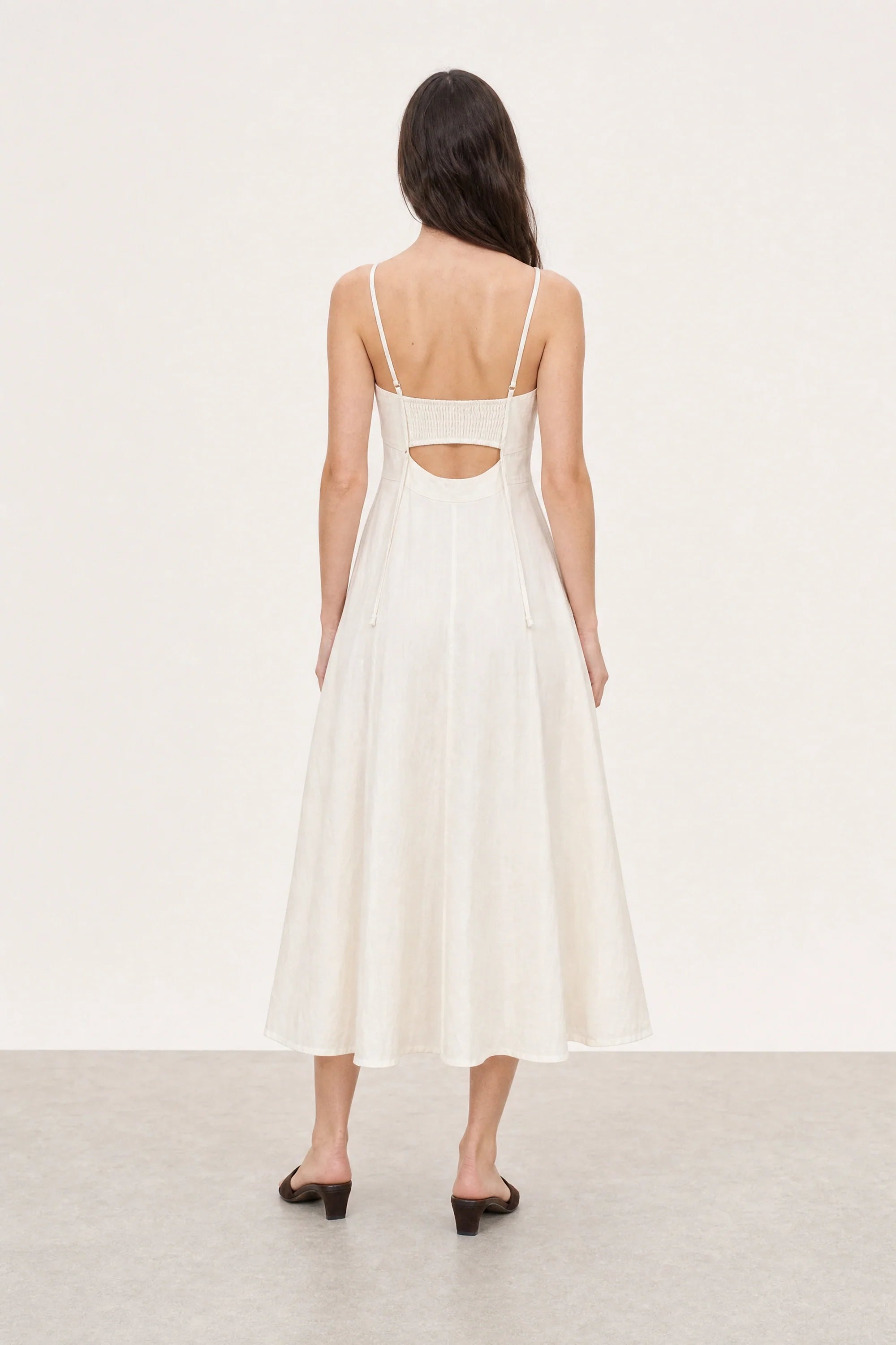 White denim peek back midi dress