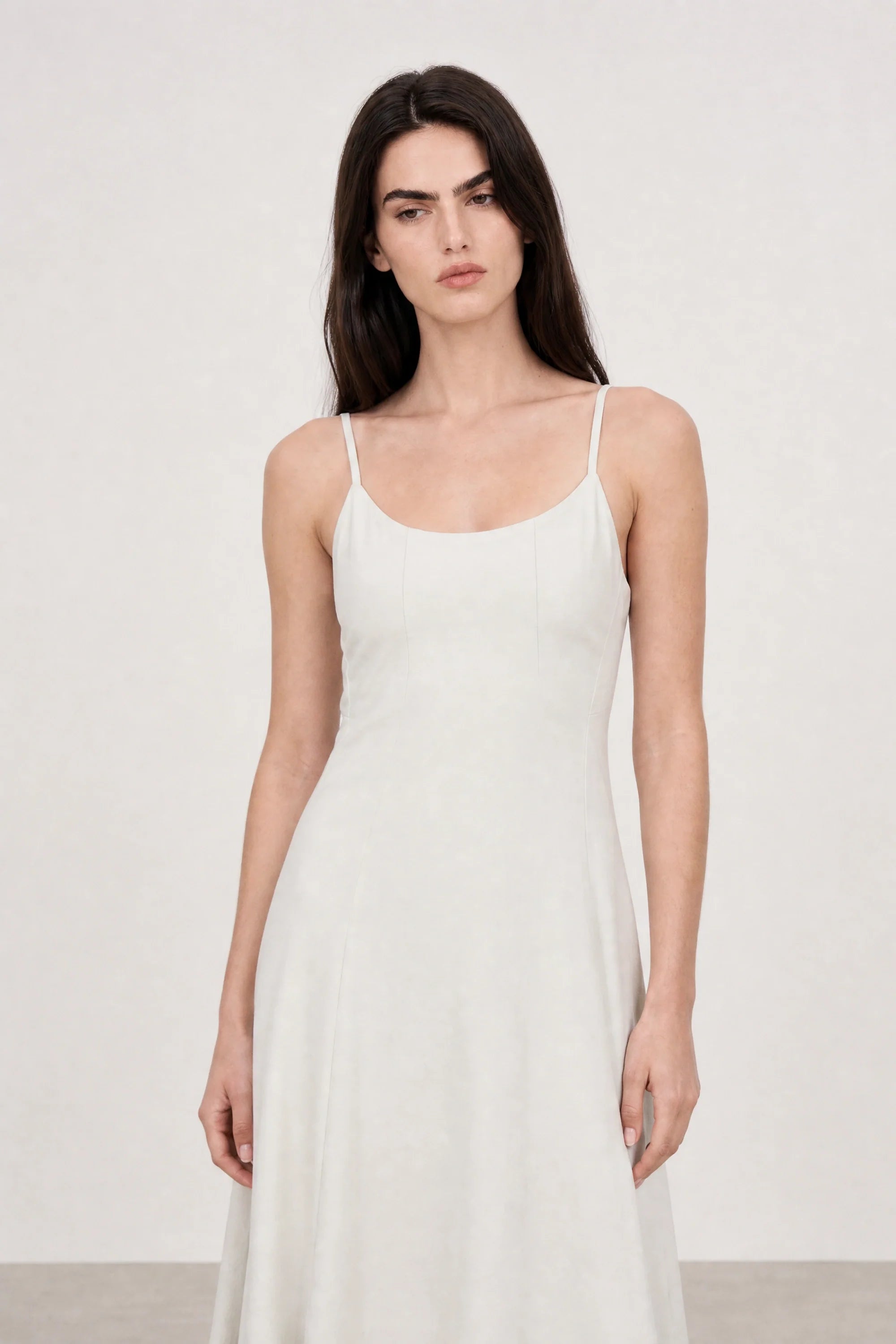White denim peek back midi dress