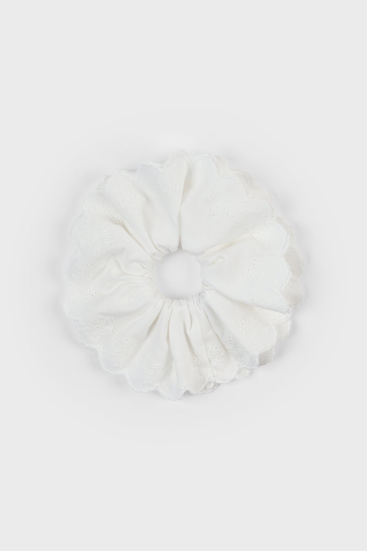 White floral ribbon cluster embroidered scrunchie