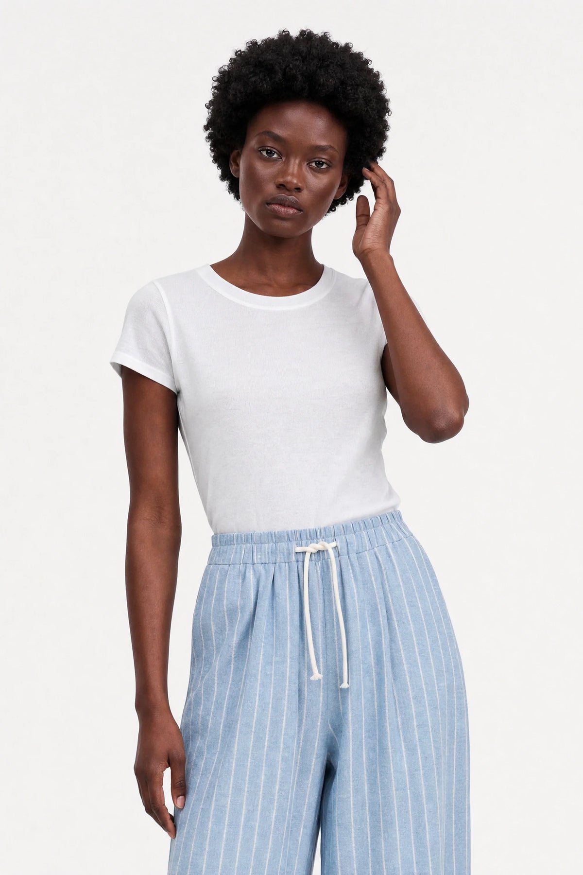 White semi sheer jersey vertical seam tee