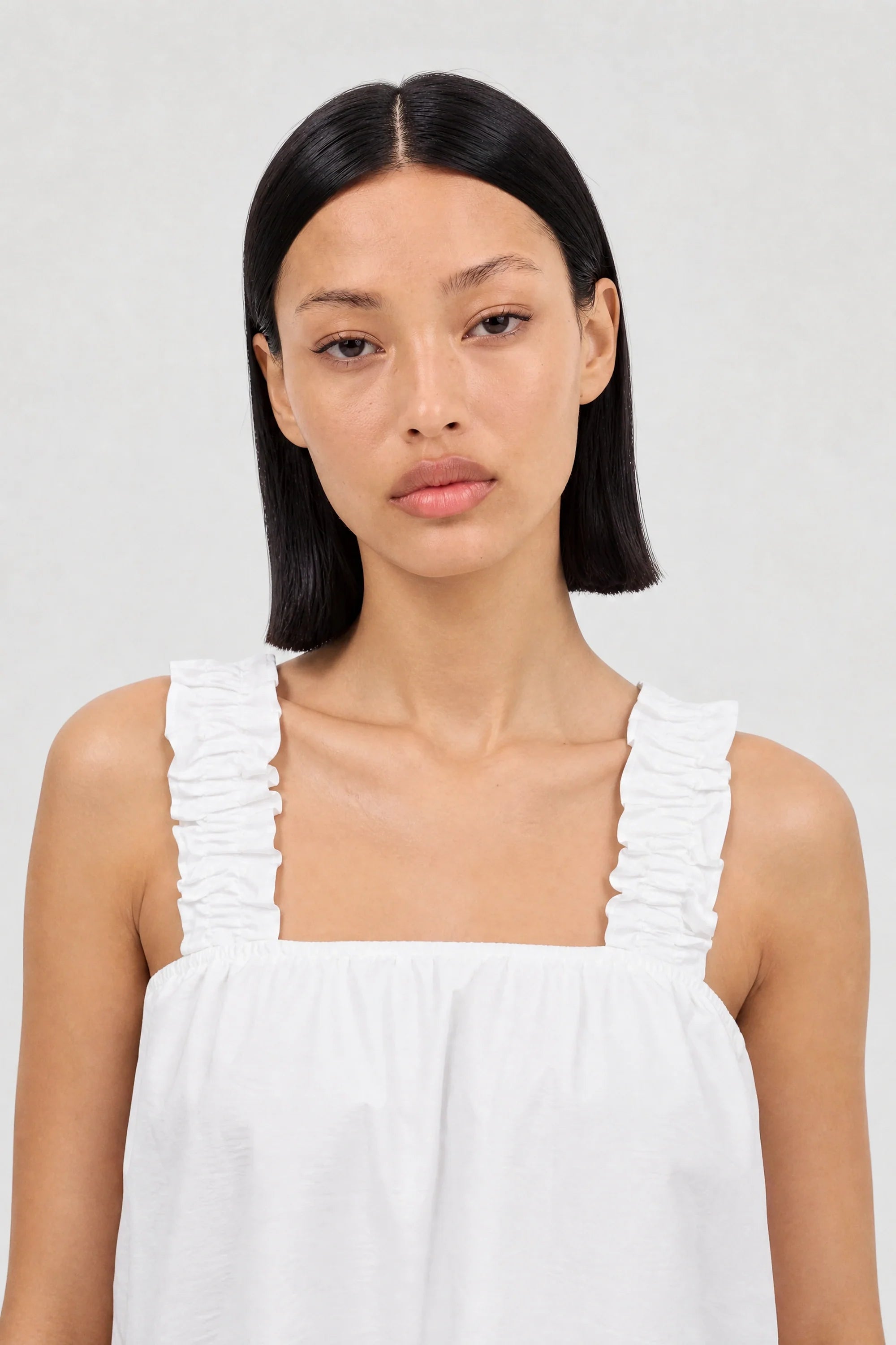 White thick ruched strap tank blouse