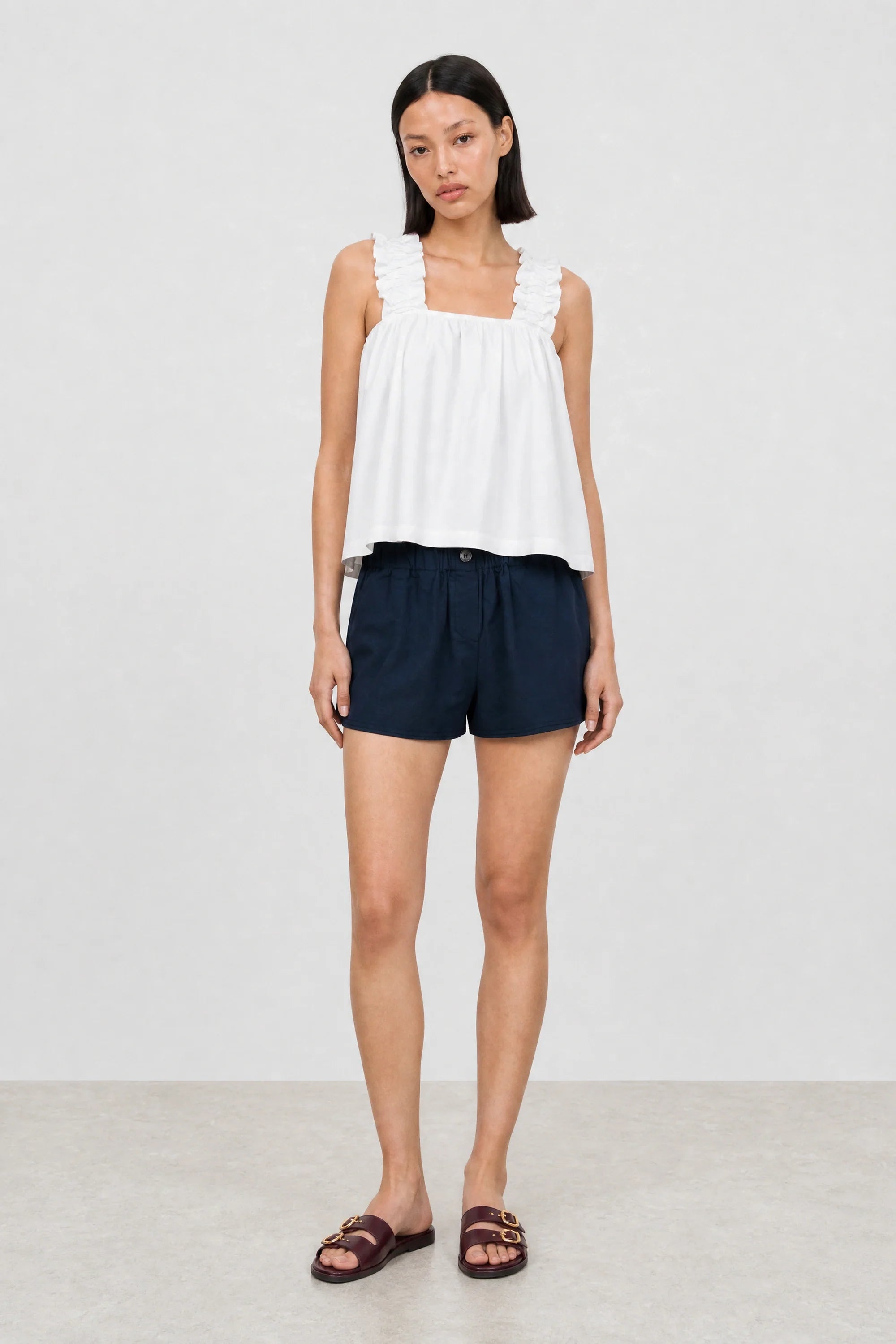 White thick ruched strap tank blouse