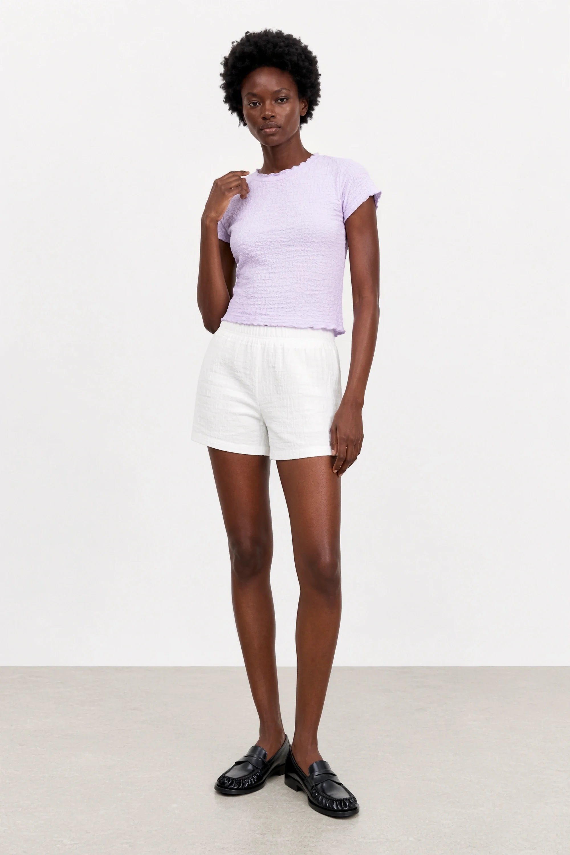 White on white textured stripe shorts