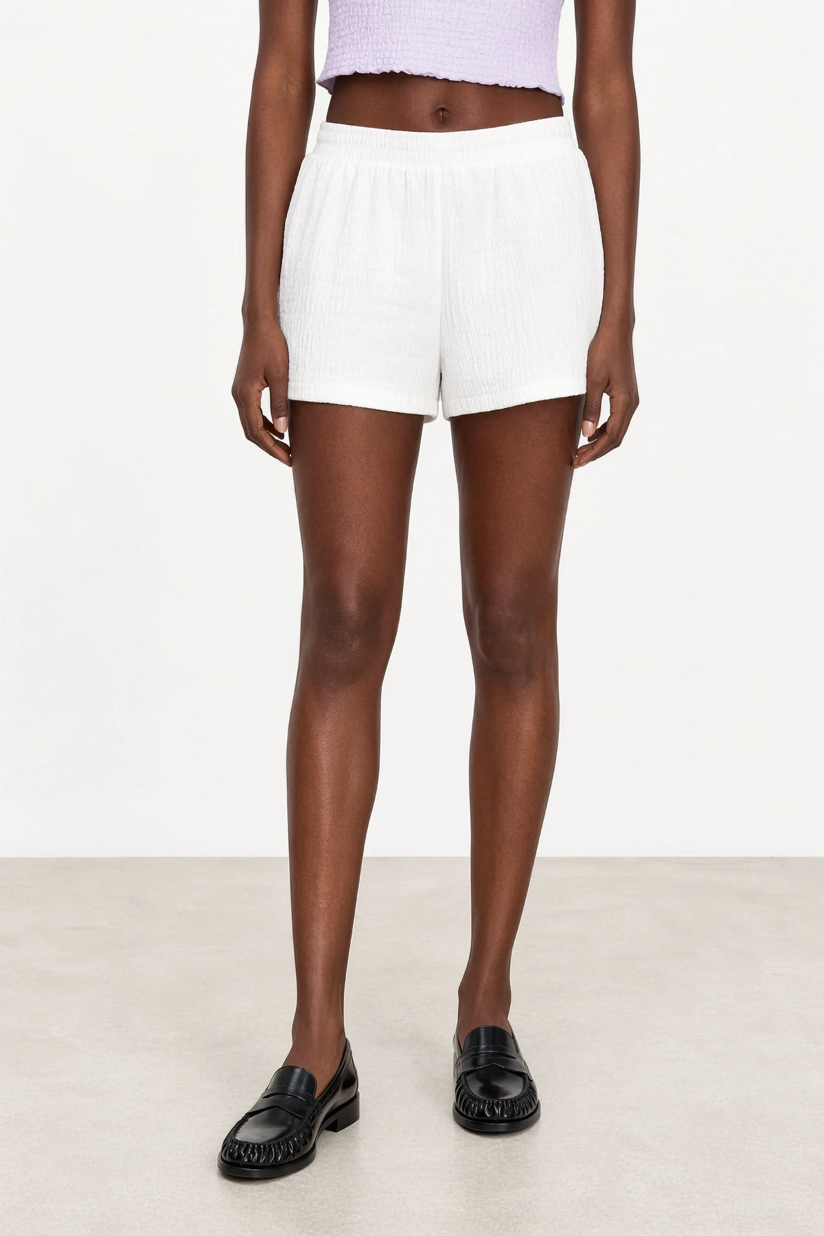 White on white textured stripe shorts