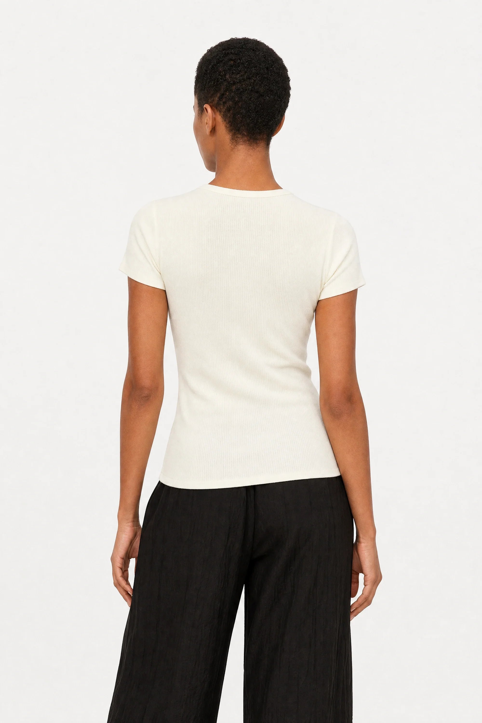 White ribbed zip front knit tee