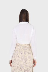 White linen plunging tie front shirt