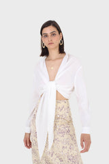 White linen plunging tie front shirt
