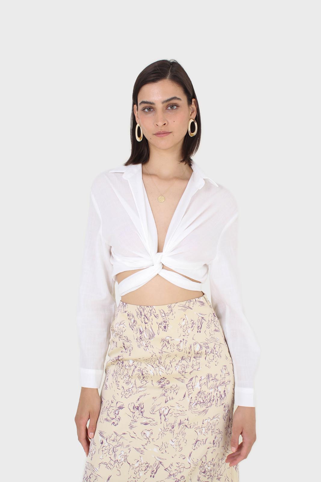 White linen plunging tie front shirt