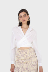 White linen plunging tie front shirt