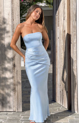 Wren Blue Satin Strapless Maxi Dress