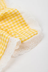 Yellow gingham white eyelet trim square scrunchie