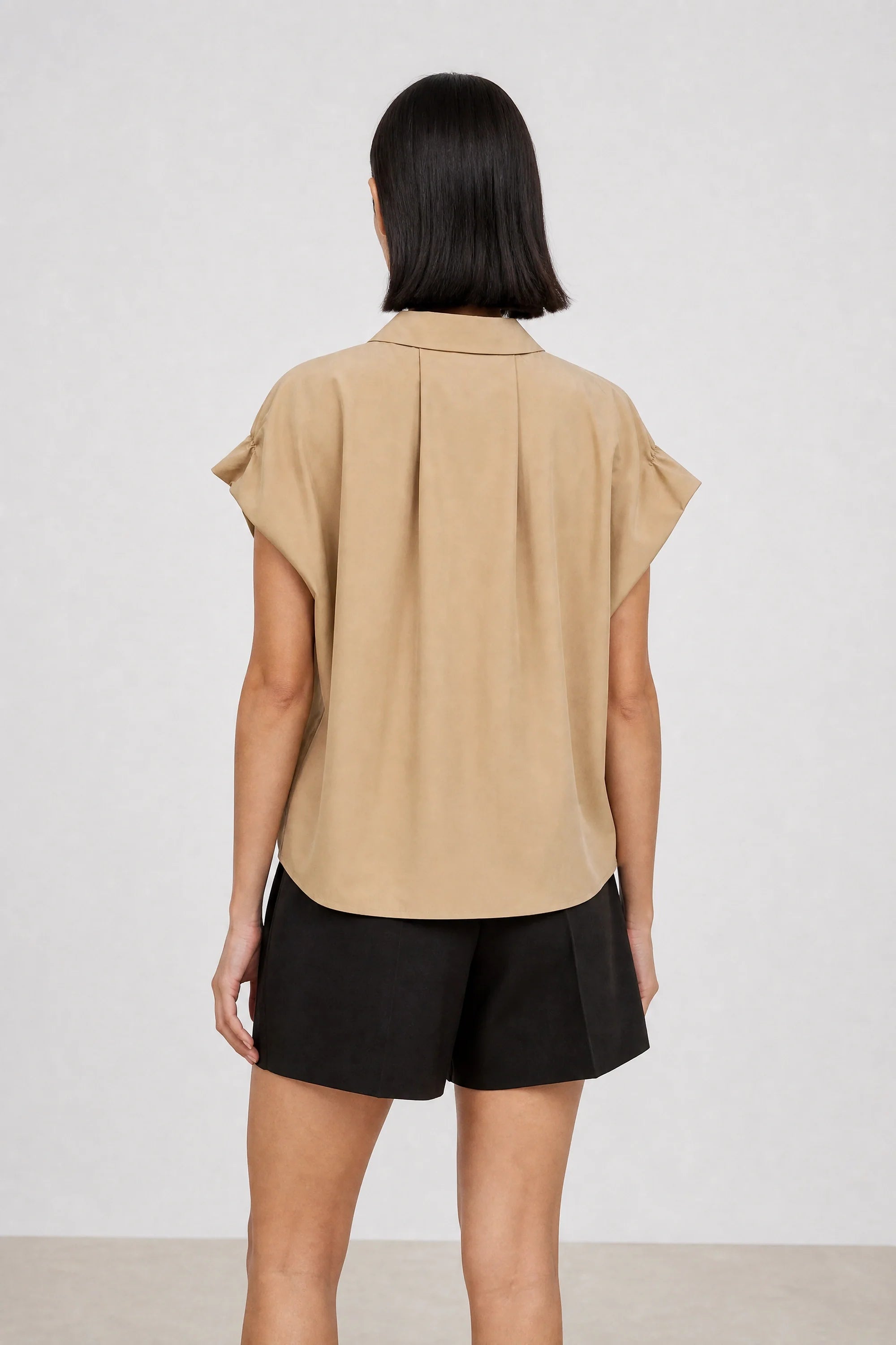 Beige gathered shoulder short sleeved shirt