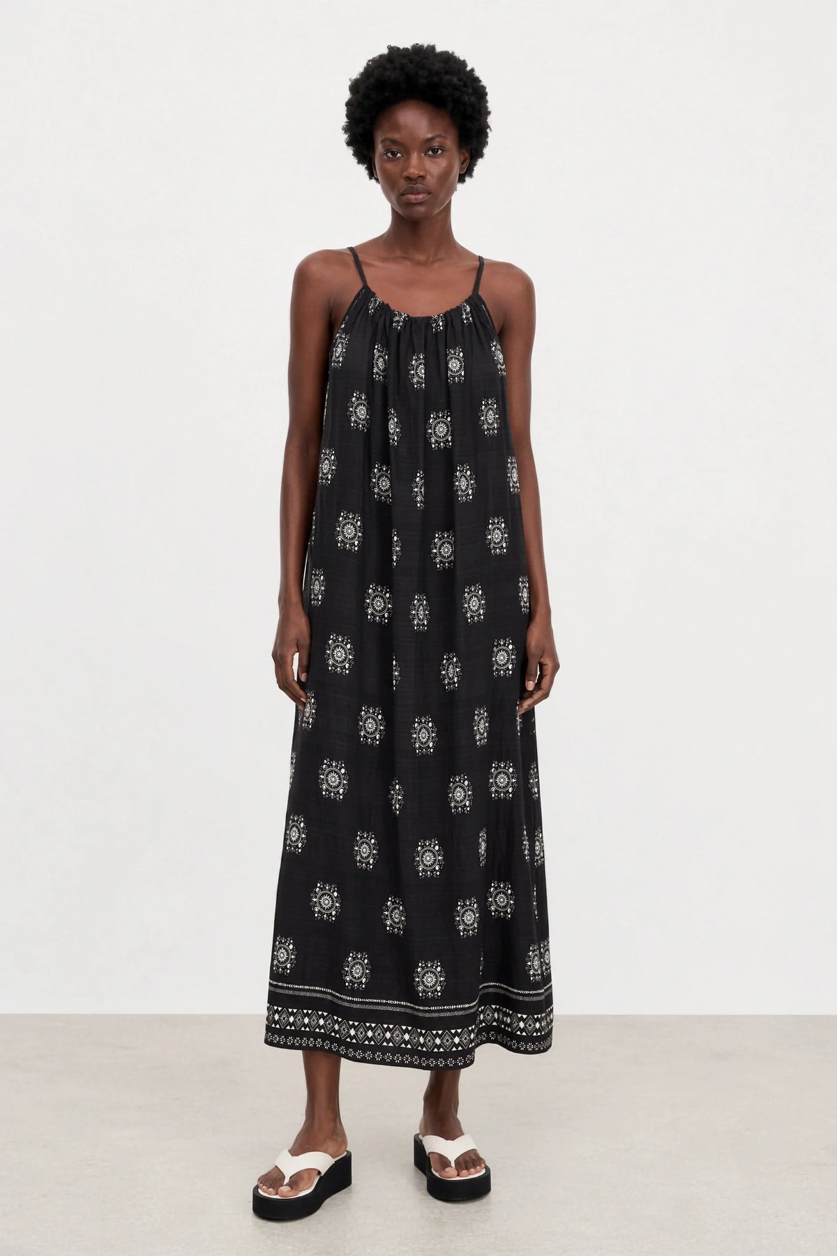 Black and white printed linen blend maxi dress