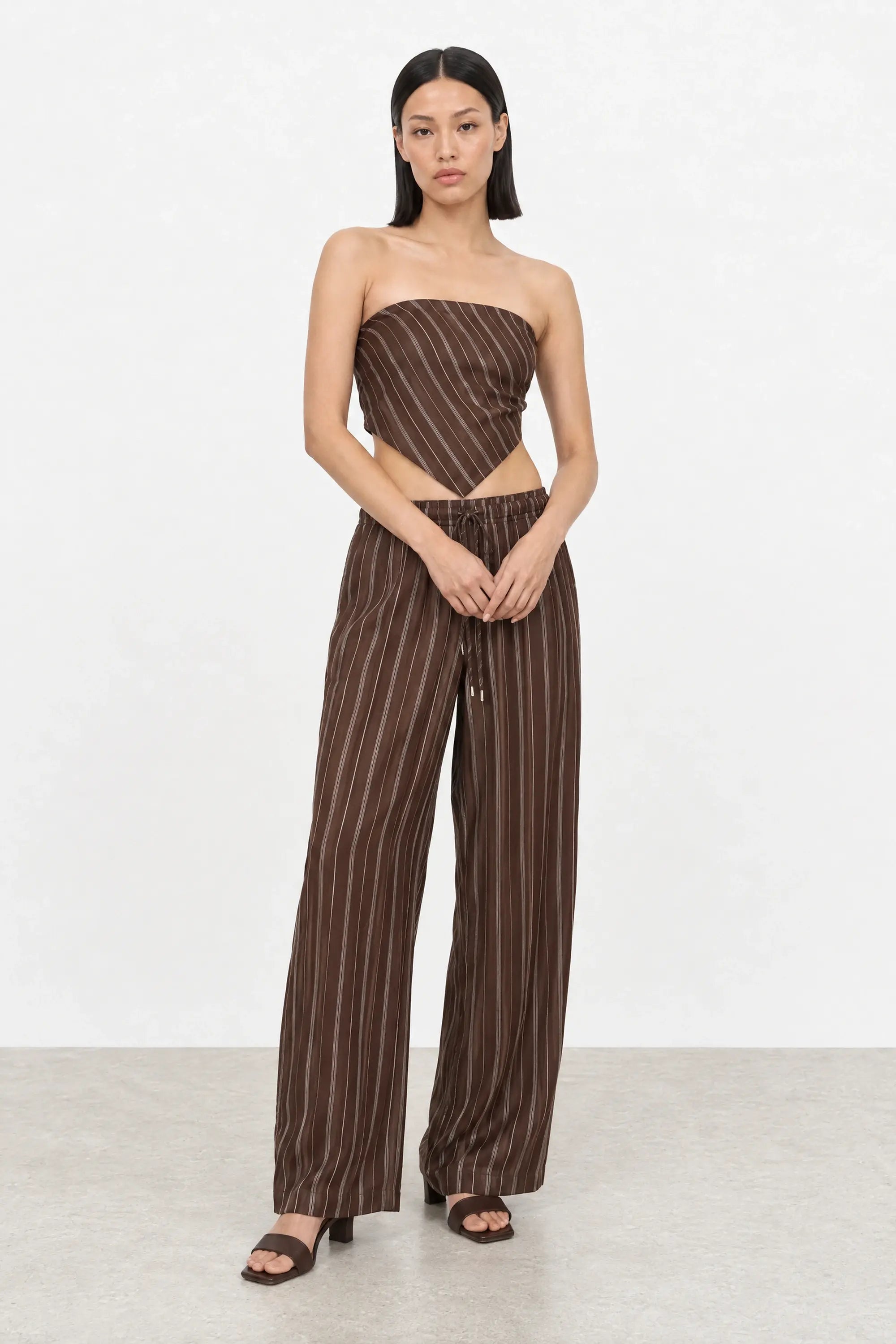 Dark brown and white linen blend striped scarf waist trousers