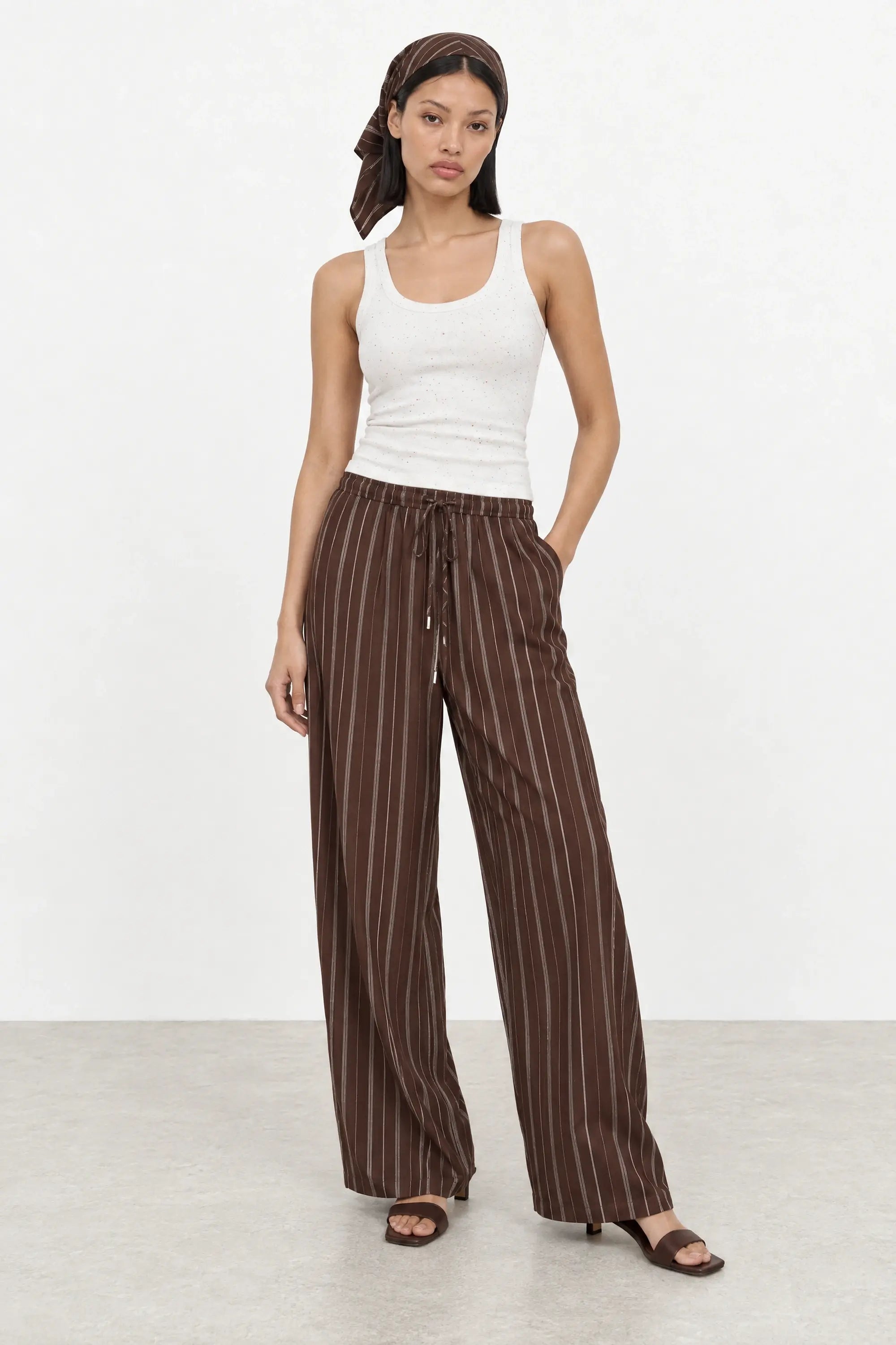 Dark brown and white linen blend striped scarf waist trousers