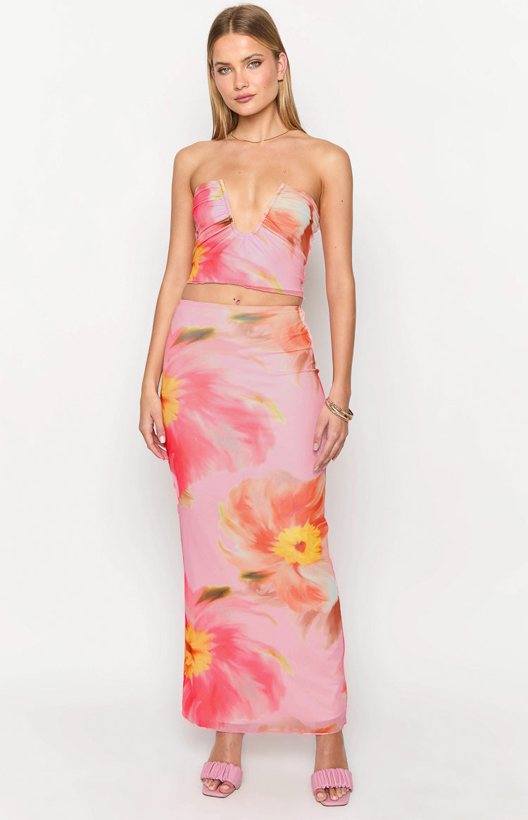 Esha Pink Floral Strapless Crop Top