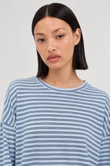 Light blue and navy horizontal double stripe long sleeve tee