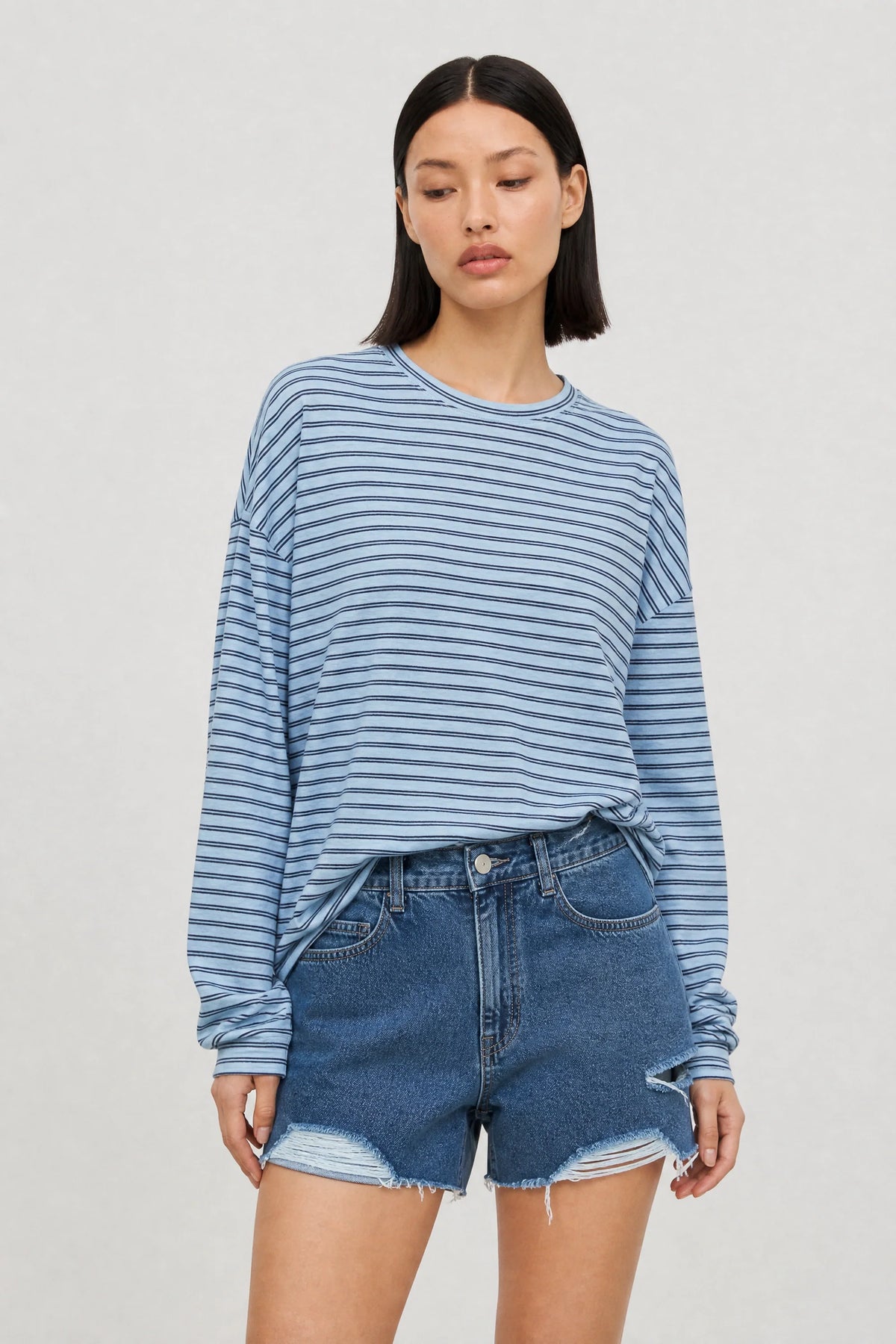 Light blue and navy horizontal double stripe long sleeve tee