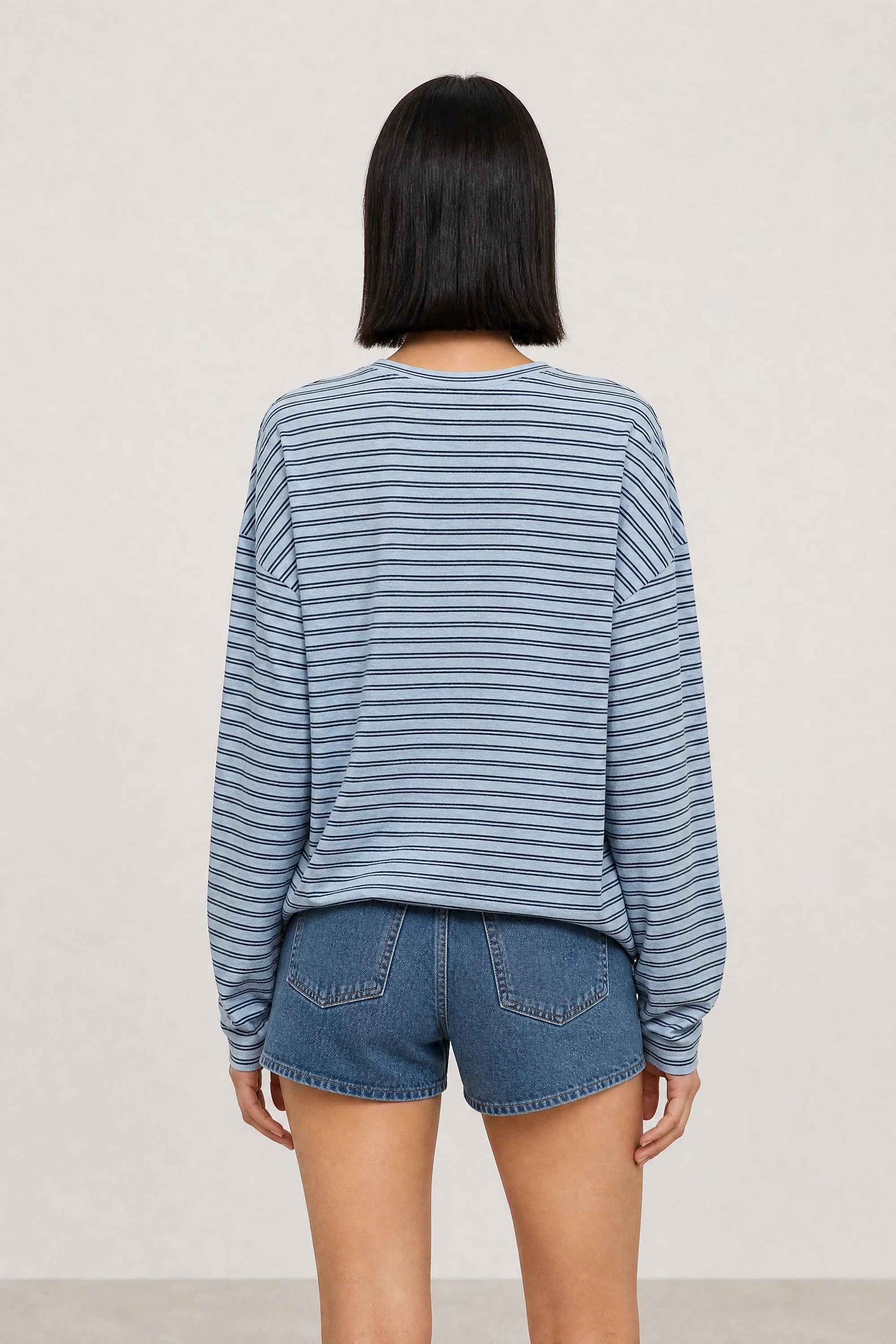Light blue and navy horizontal double stripe long sleeve tee