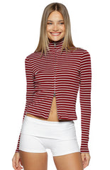 Poppi Burgundy Stripe Double Zip Sweater