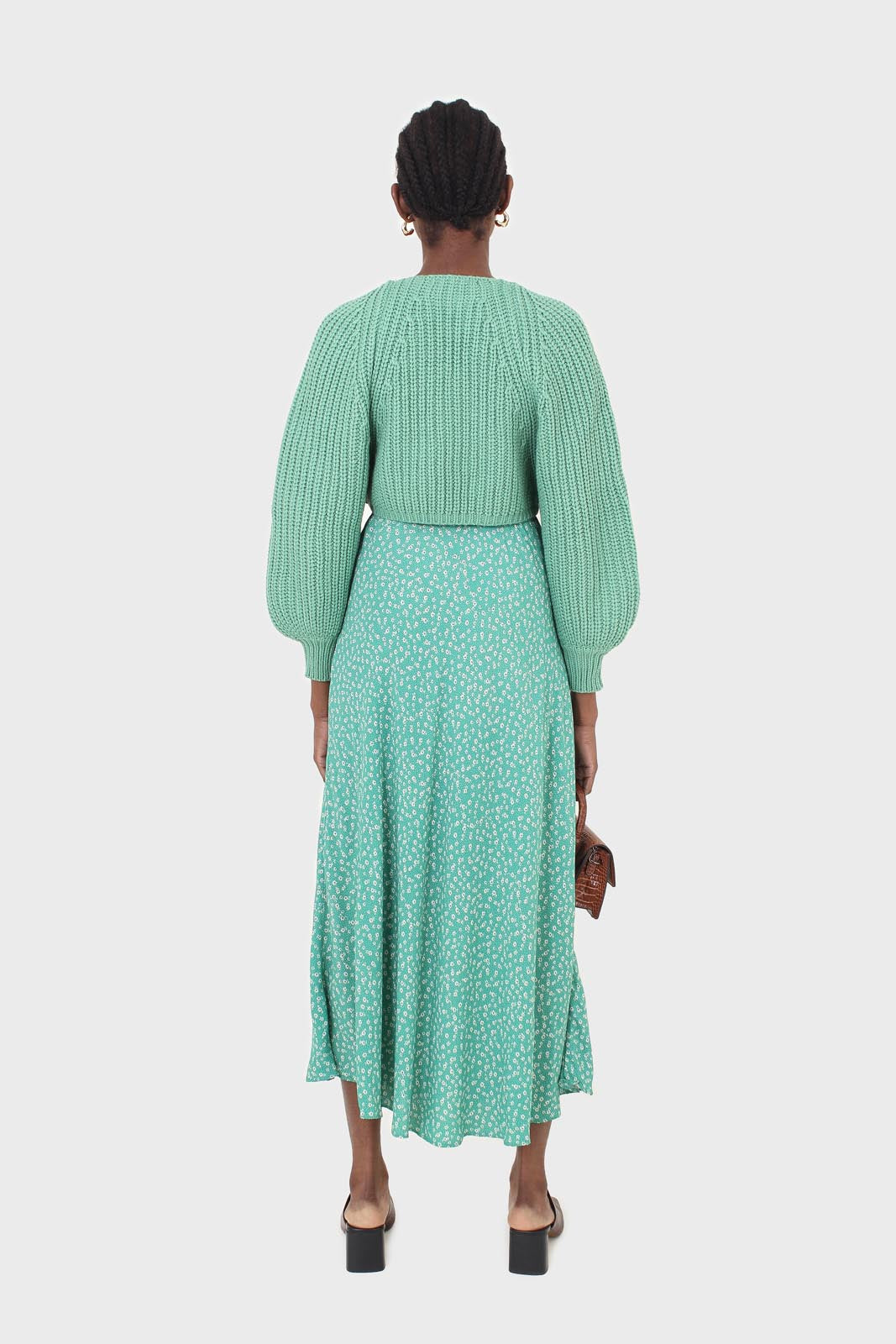 Green tiny floral print midi skirt