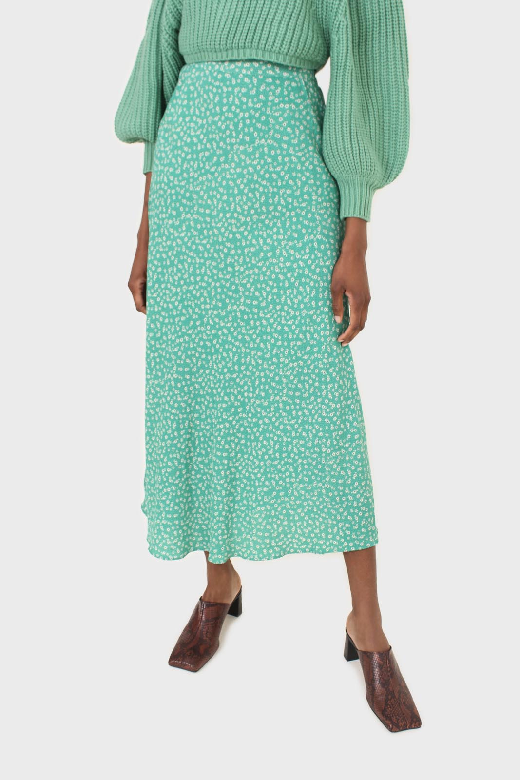 Green tiny floral print midi skirt
