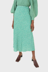 Green tiny floral print midi skirt