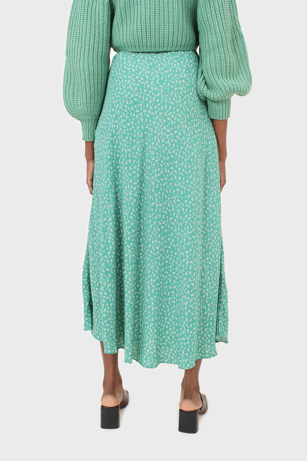 Green tiny floral print midi skirt