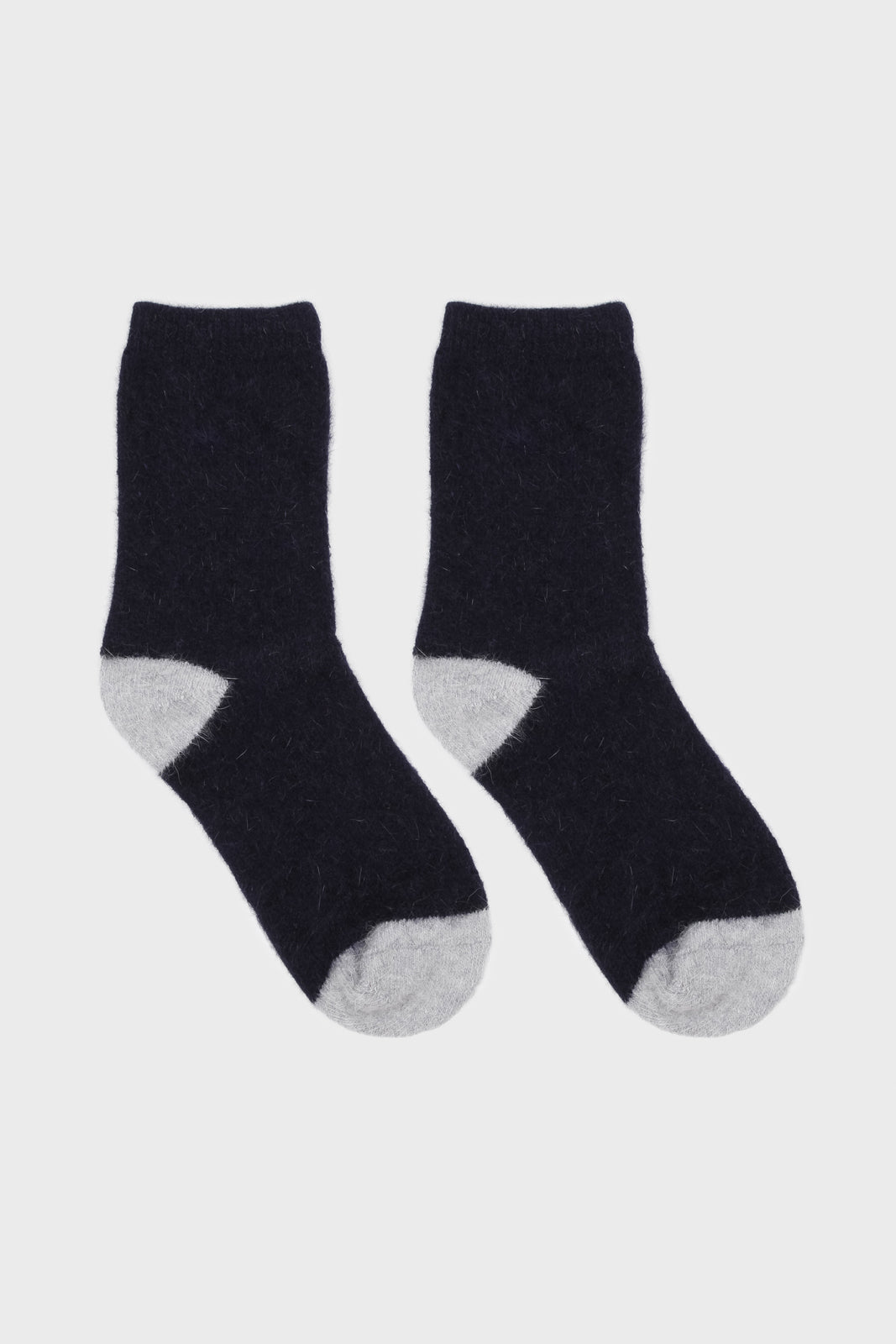 Navy and grey furry color block angora socks