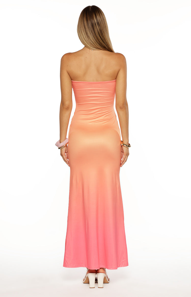 Summa Pink Ombre Hibiscus Strapless Maxi Dress